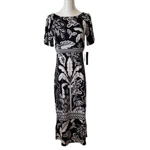 Maggie London Black and Beige Tropical Patterned Flutter Sleeve Midi Dress Sz. 2